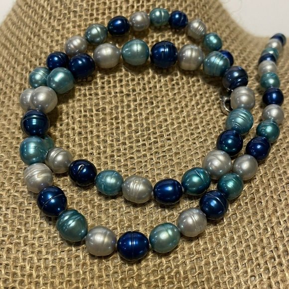 Blue/Gray Freshwater graduated Pearl Necklace 925 - Picture 2 of 6